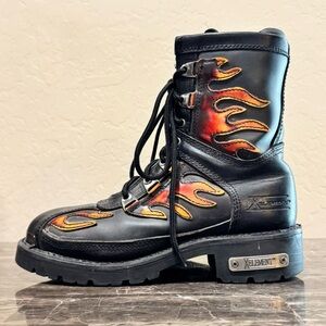 X-Element Black Leather Flame Combat Moto Boots